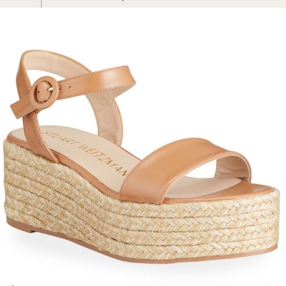 Stuart Weitzman Taborah Ankle-Strap Wedge Espadrille Sandals Tan Size 9 / 39.5